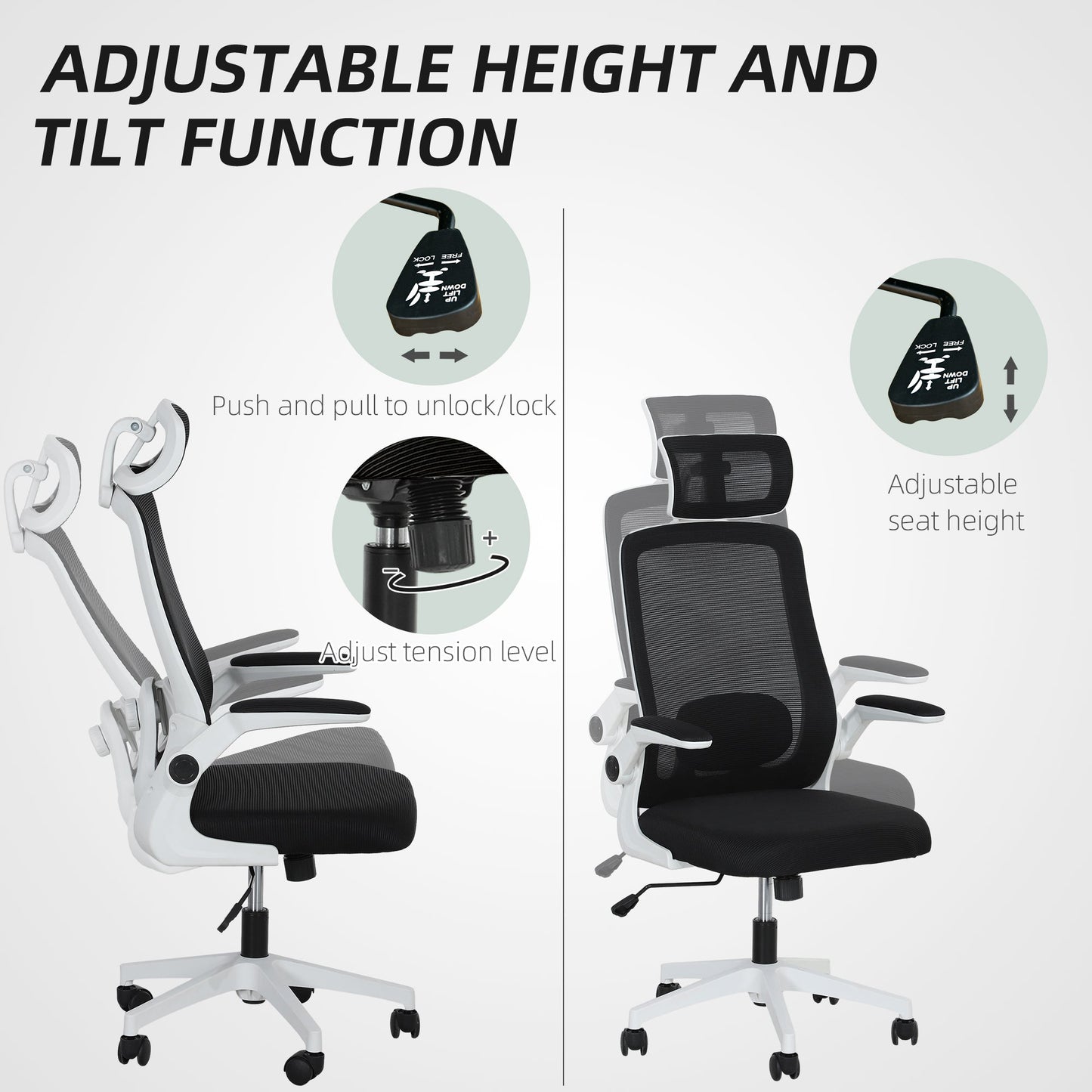 HOMCOM Executive Office Chair, Ergonomic Mesh High Back Desk Chair with Flip-up Armrest, Adjustable Lumbar Support, Rotatable Headrest, Black