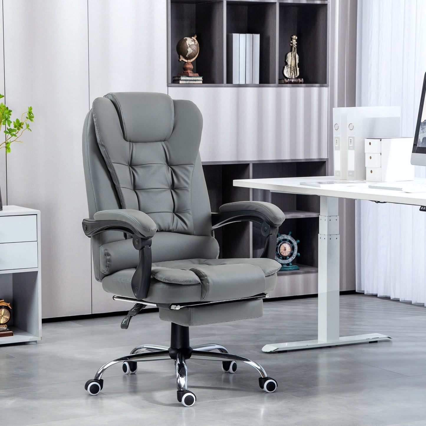 HOMCOM Executive Office Chair, Home Office Chair with Swivel Wheels, Reclining Backrest, Retractable Footrest, Grey