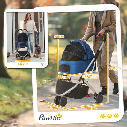 PawHut 2 In 1 Foldable Dog Stroller, Aluminium Pet Travel Carrier, with Adjustable Canopy, Universal Wheel, Brake, Basket Storage Bag, for Small Dogs Dark Blue