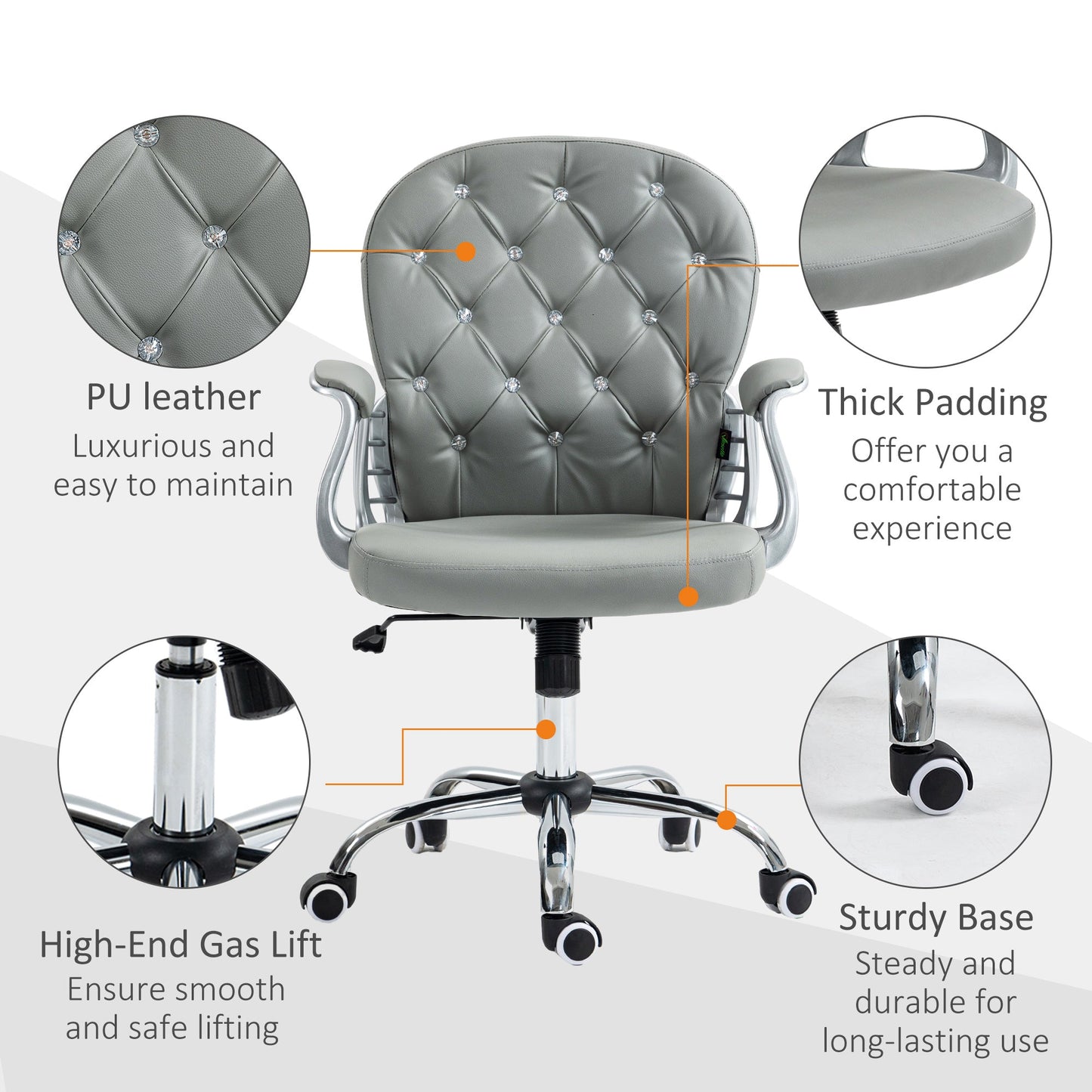 Vinsetto Office Chair Ergonomic 360√Ç¬∞ Swivel PU Diamante Padded Base 5 Castor Wheels for Home Work Grey