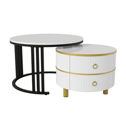 2-in-1 Round Marble Coffee Table Set with Glossy Tops, 2 Drawers, 70x70x46 + 50x50x40 cm, White