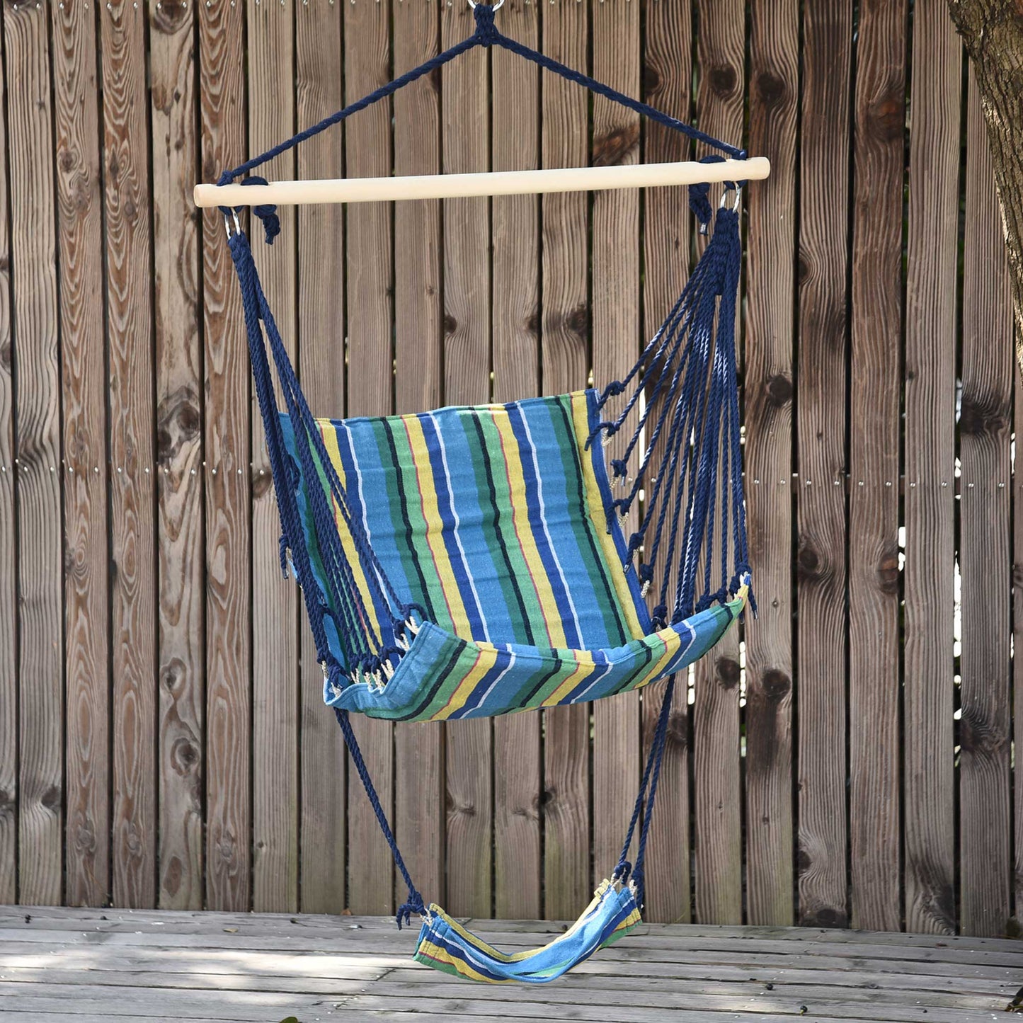 Outsunny Outdoor Hammock Hanging Rope Garden Yard Patio Swing Chair Seat Woodenwith Footrest Cotton Cloth Blue Stripe