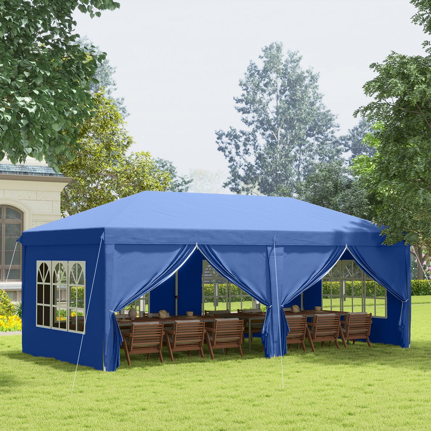 Outsunny 3 x 6 m Garden Pop Up Gazebo, Wedding Party Tent Marquee, Water Resistant Awning Canopy with Sidewalls, Windows, Carry Bag, Blue