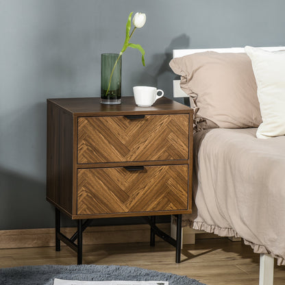 HOMCOM Bedside Table with Two Drawers, Side Cabinet Storage Unit with Metal Handles, Organisation Furniture for Living Room, Bedroom, Walnut Brown