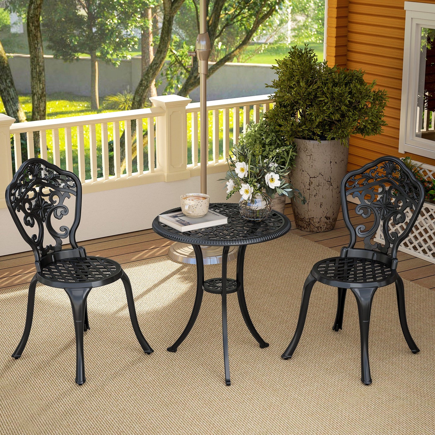 Outsunny 3 Piece Cast Aluminium Garden Bistro Set for 2 with Parasol Hole, Outdoor Coffee Table Set, Two Armless Chairs and Round Coffee Table for Balcony, Patio, Black