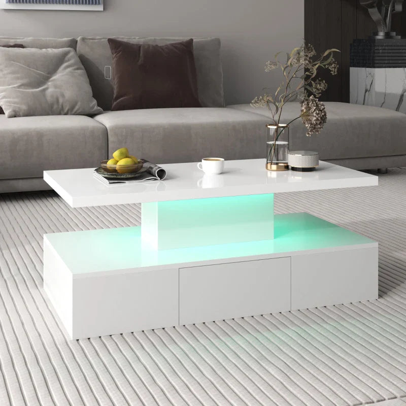 High-Gloss Coffee Table with Drawer, Two Storage Levels and LED Light, 100x50x39 cm, White