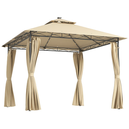 Outsunny 3 x 3 m Garden Gazebo, Double Roof Metal Gazebo with Curtains and Solar-Powered LED Lights, Outdoor Gazebo Canopy Shelter for Patio, Deck, Beige