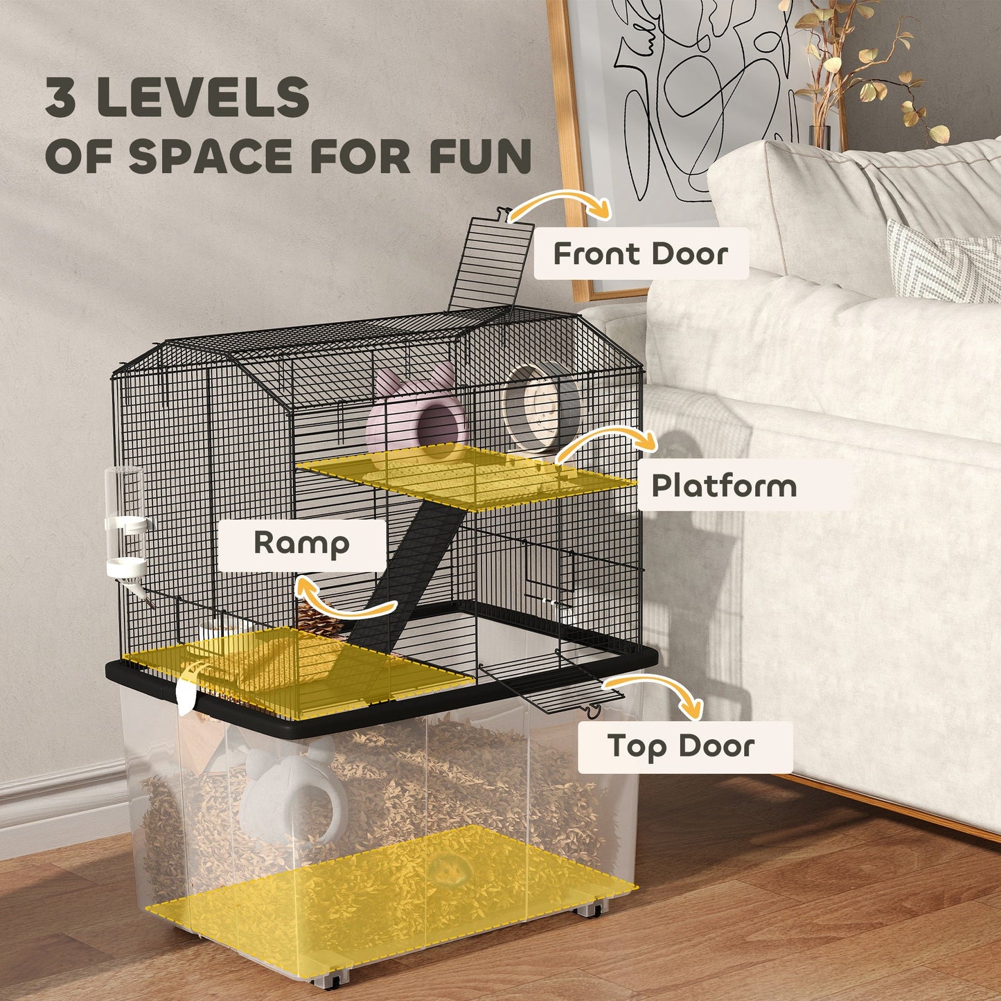 PawHut Three-Tier Gerbil Cage, Hamster Cage for Dwarf Hamster, Syrian Hamster w/ Wheels, Deep Bottom, Food Dish, Water Bottle