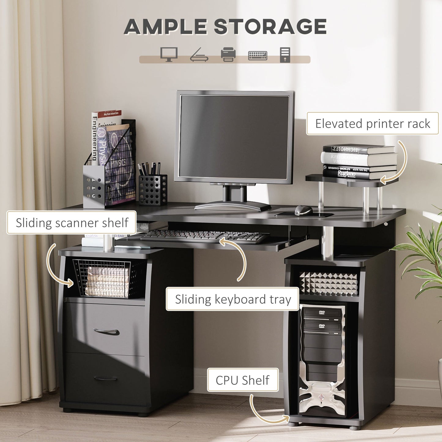 HOMCOM Computer Desk Office PC Table Workstation with Keyboard Tray, CPU Shelf, Drawers, Sliding Scanner Shelf, Black