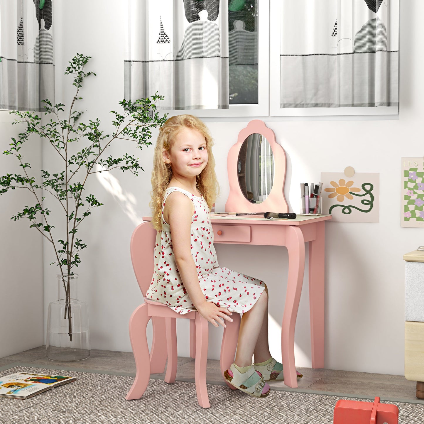 ZONEKIZ Kids Dressing Table with Mirror, Stool, Drawer, Cute Animal Design - Pink