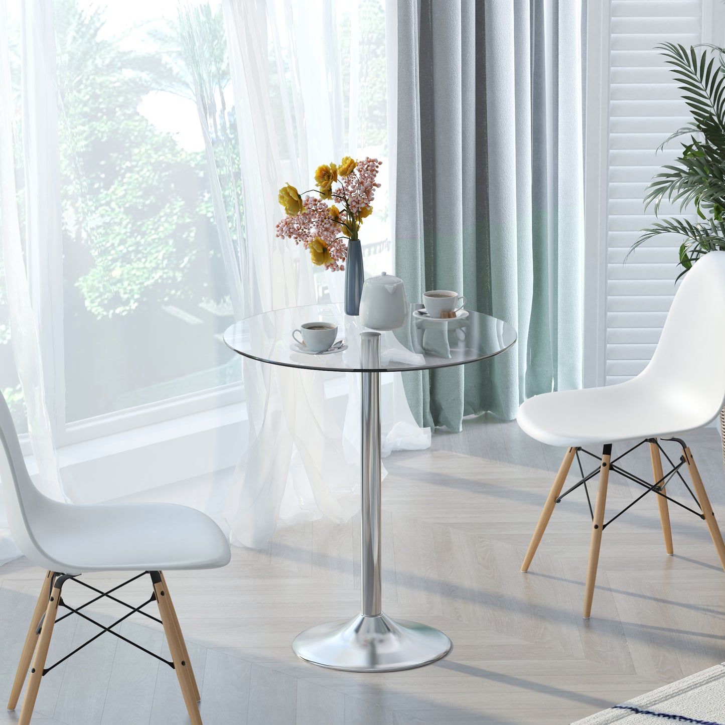 HOMCOM Round Dining Table, Modern Kitchen Table with Tempered Glass Top Chrome Stand, 70 x 70 x 74.5cm