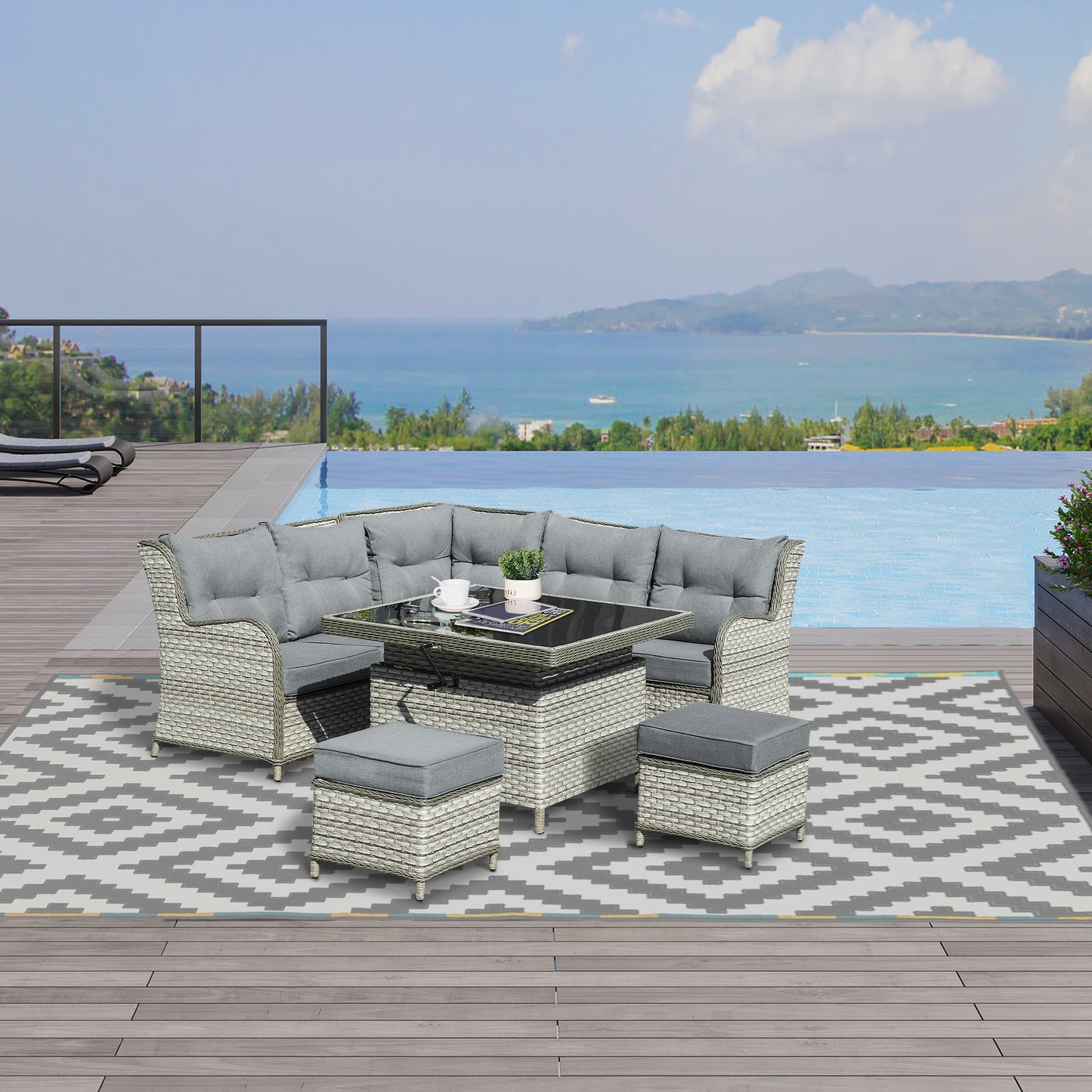 Outsunny 6 Pieces Patio PE Rattan Dining Sofa Set, Outdoor Wicker Sectional Conversation Aluminum Frame Furniture Set w/ Thick Padded Cushion & Liftable Coffee Table, Grey