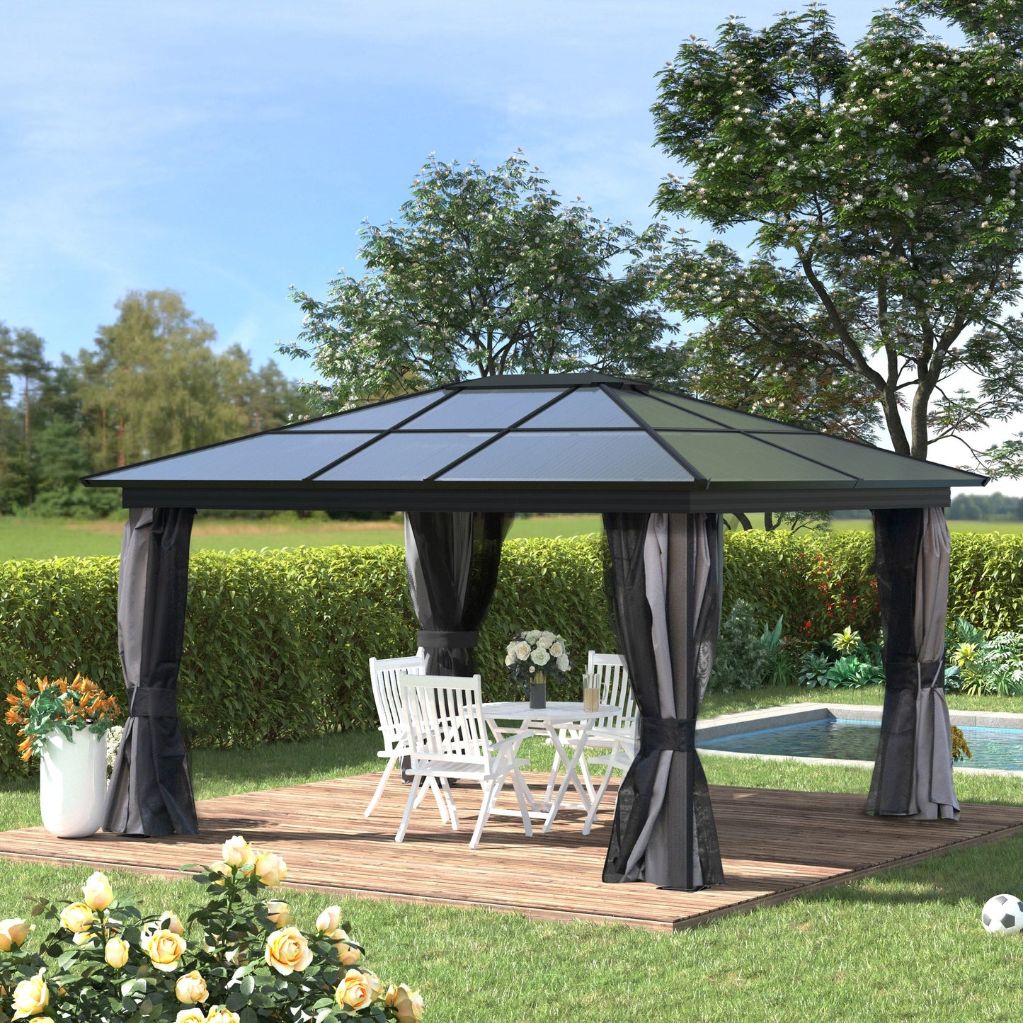 Outsunny 3.6 x 4m Hardtop Gazebo Canopy with Polycarbonate Roof, Aluminium Frame, Permanent Pavilion Garden Gazebo with Netting and Curtains for Patio, Deck, Dark Grey