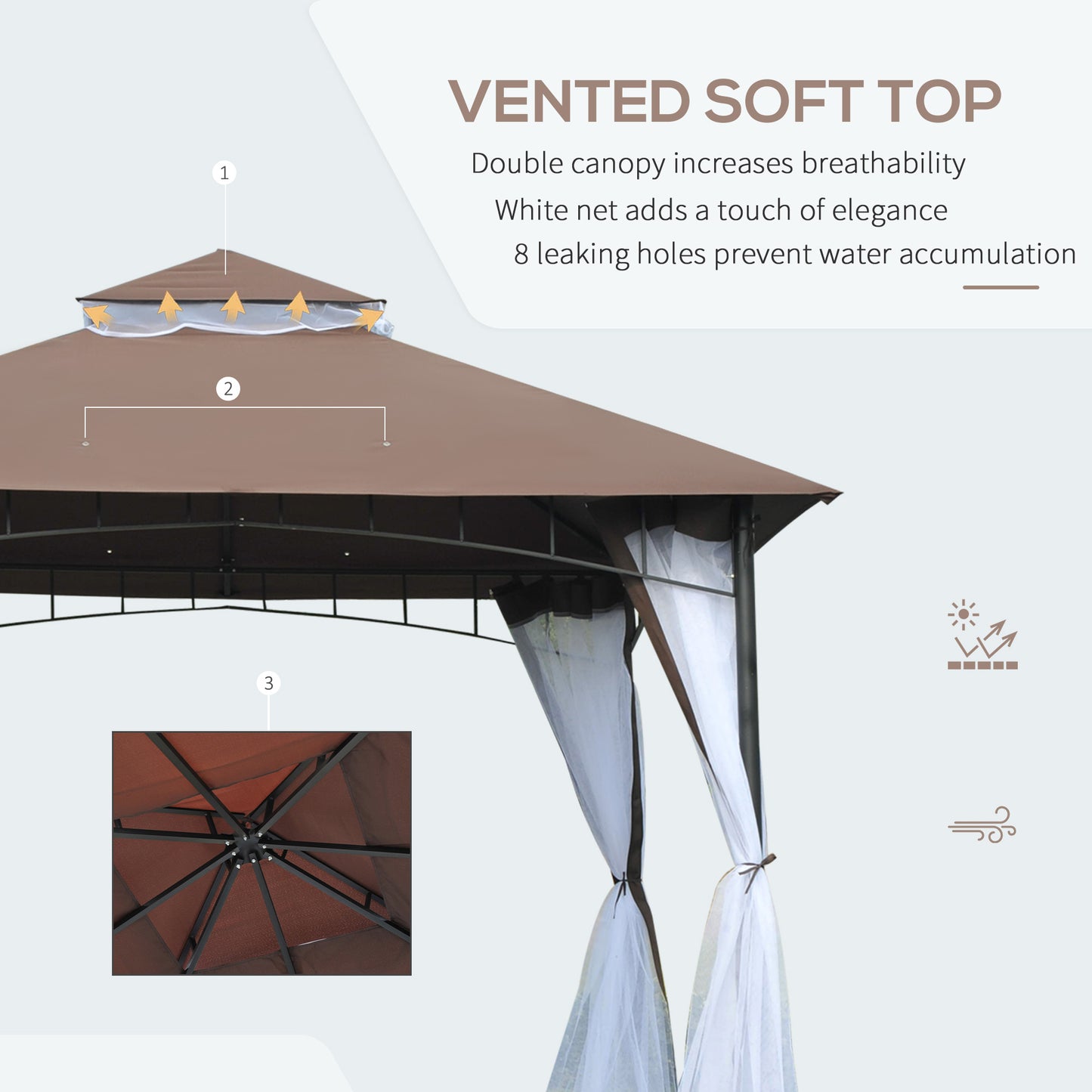 Outsunny 3 x 3 meter Patio Metal Gazebo Square Outdoor Party Wedding Canopy Shelter w/Mesh - Brown