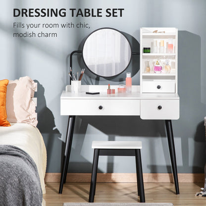 HOMCOM Dressing Table Set with Mirror and Stool, Vanity Makeup Table with 3 Drawers and Open Shelves for Bedroom, Living Room, White