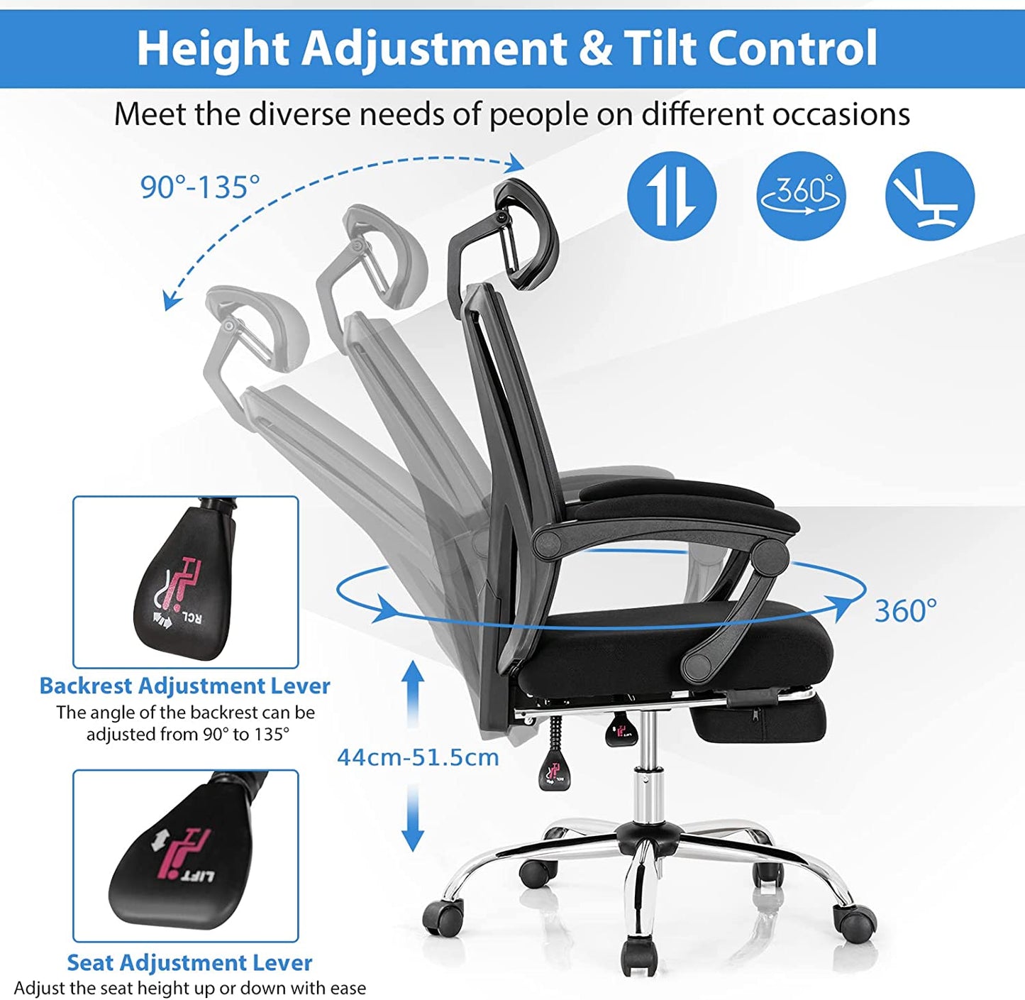 Ergonomic Recliner Mesh Office Chair with Retractable Footrest