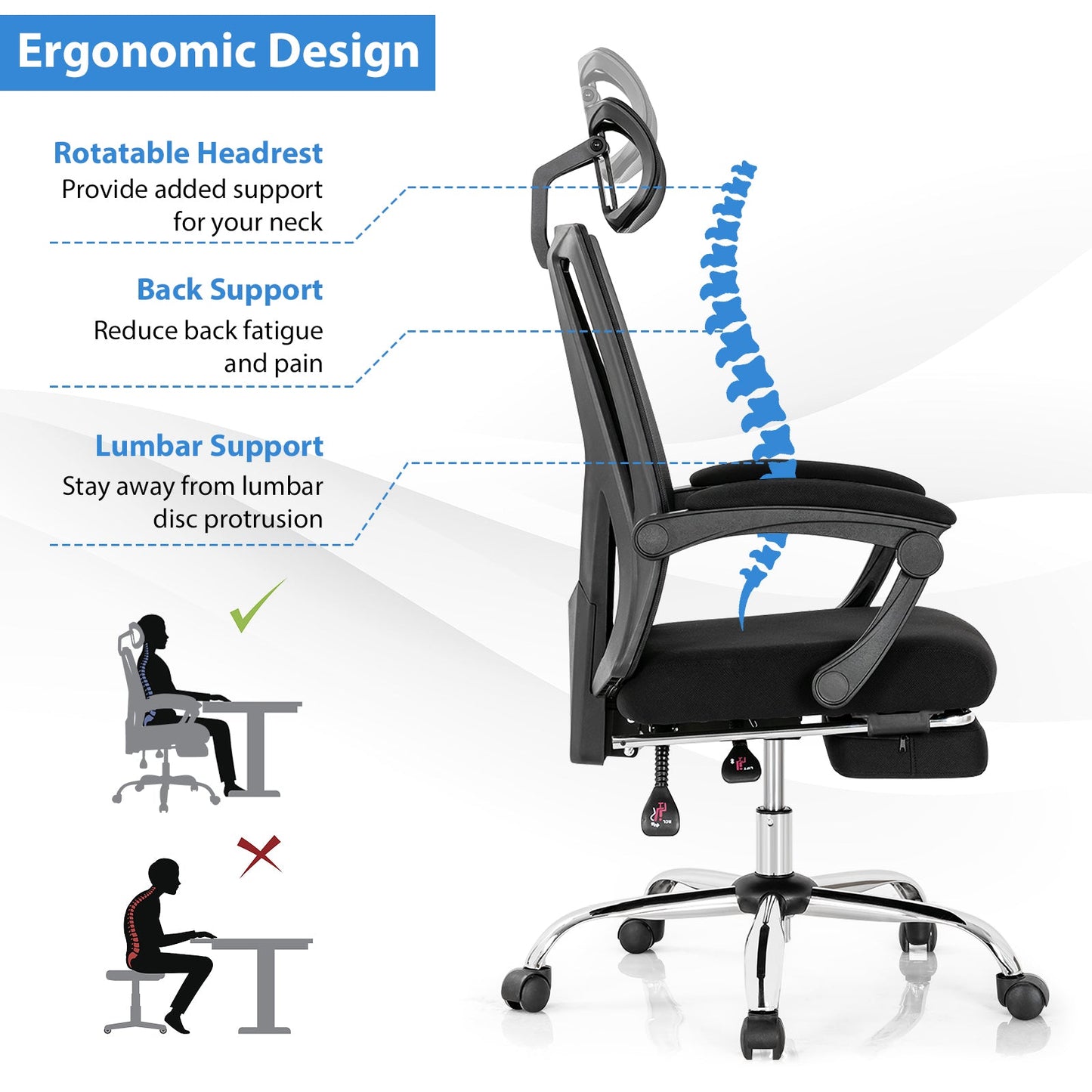 Ergonomic Recliner Mesh Office Chair with Retractable Footrest