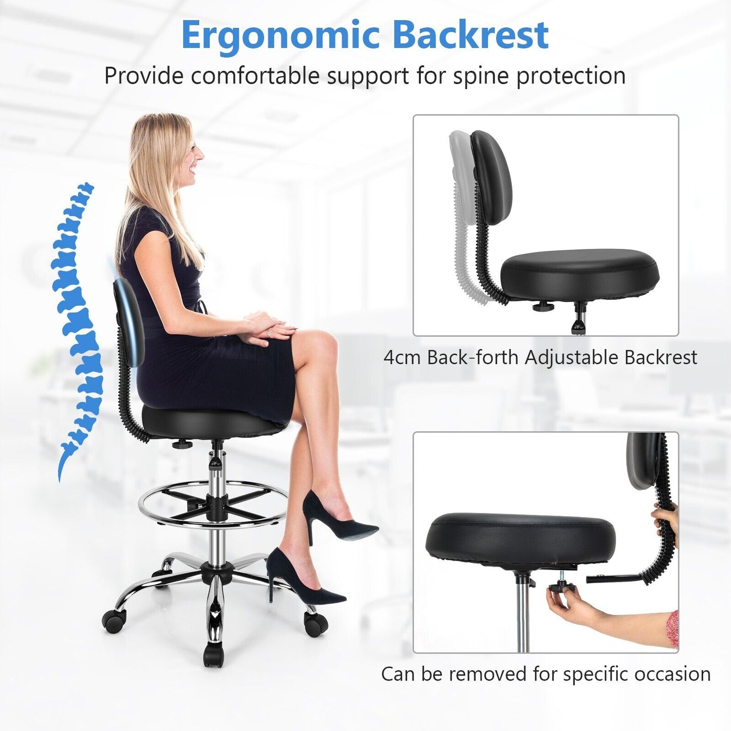 Ergonomic Drafting Chair with Backrest and Adjustable Footrest