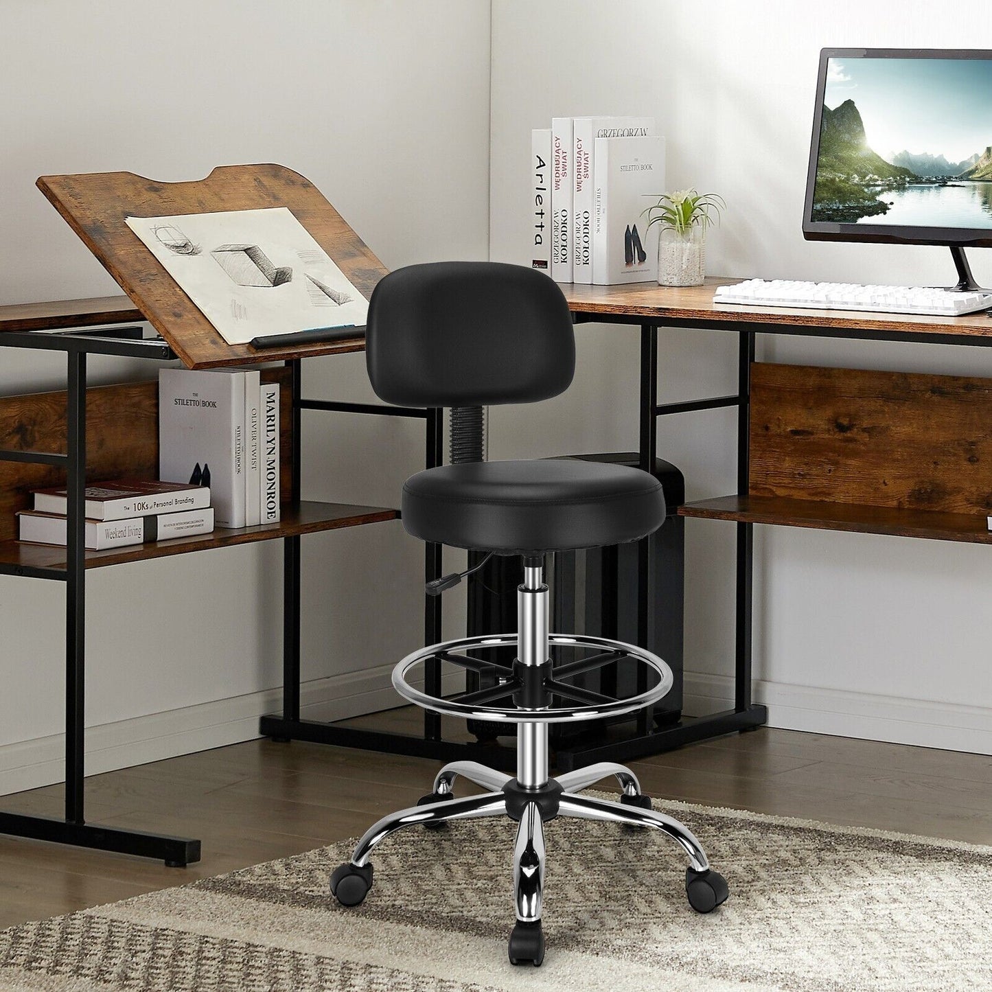 Ergonomic Drafting Chair with Backrest and Adjustable Footrest