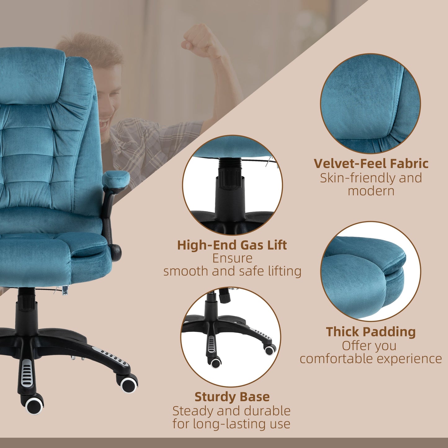 Vinsetto Massage Recliner Chair Heated Office Chair with Six Massage Points Velvet-Feel Fabric 360√Ç¬∞ Swivel Wheels Blue