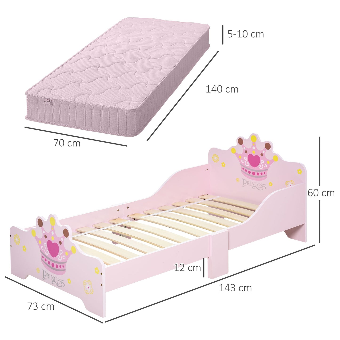 HOMCOM Kids Toddler Bed Princess Crown Theme Safety Side Rails Slats Home Bedroom Furniture Boys Girls 3-6 Yrs Pink 143 x 73 x 60 cm