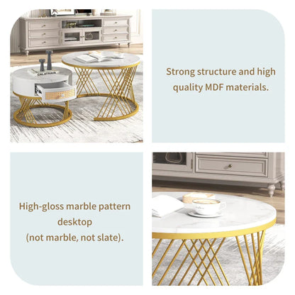 2-in-1 Marble Coffee Table Set with Marble Grain Veneer Top, Rattan Drawers, and Solid Wood Handles, Gold Iron Legs, 70x70x45.5 cm + 50x50x38.5 cm, White+Gold