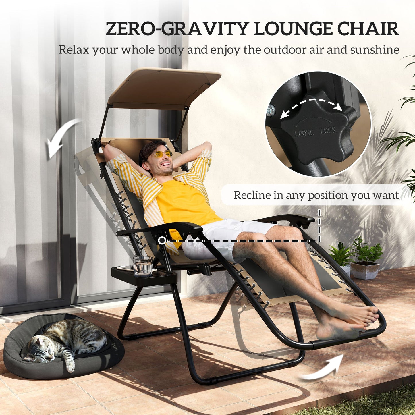 Outsunny Zero Gravity Lounger Chair Set of 2, Folding Reclining Patio Chair with Shade Cover, Cup Holder, Soft Cushion and Headrest for Poolside, Camping, Brown