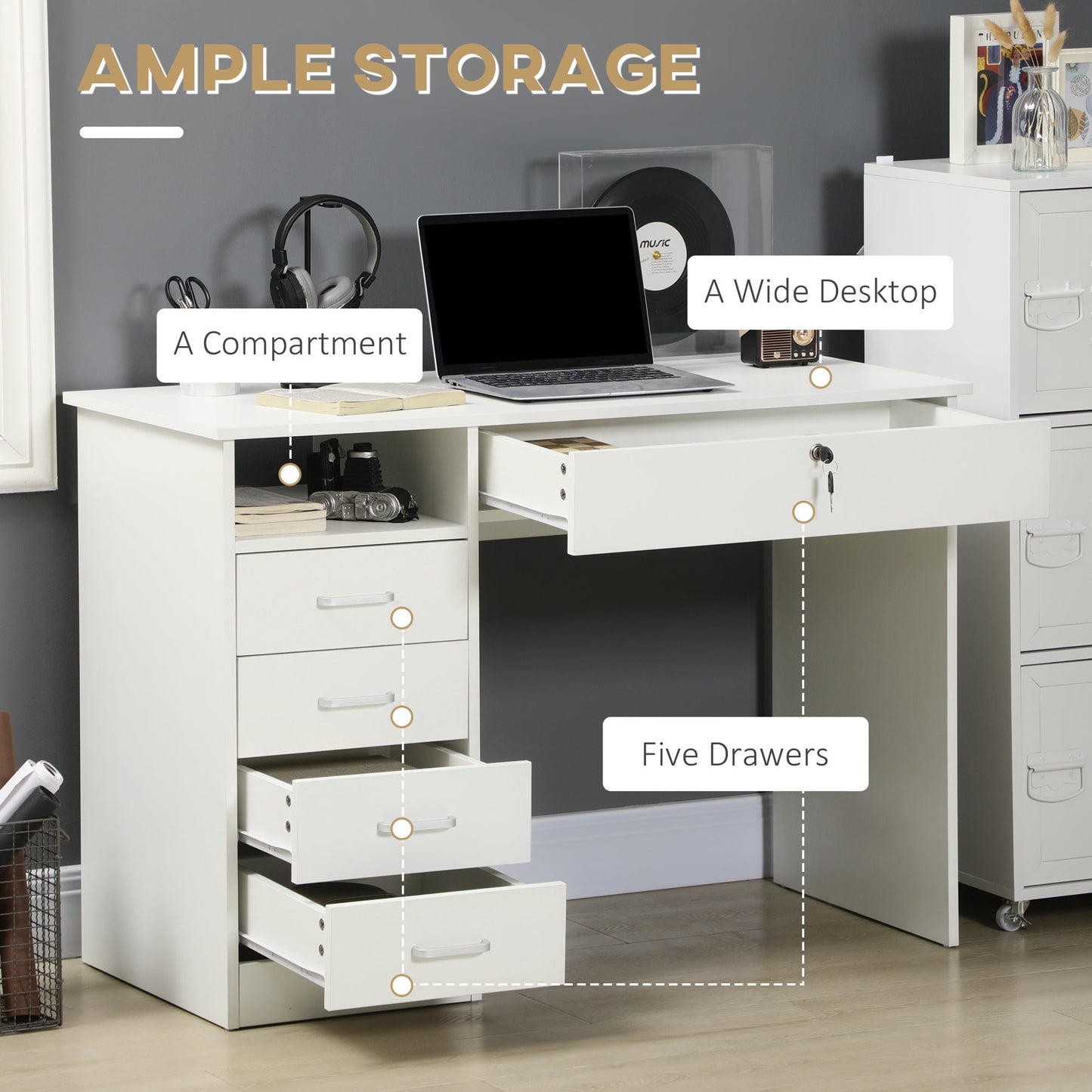 HOMCOM Computer Desk, Home Office Desk with Lockable Drawer, Storage Shelf for Study Bedroom, 110 x 50 x 76 cm, White