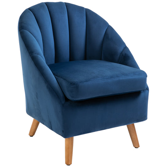 HOMCOM Accent Chair Velvet Fabric Single Sofa Armchair Home Living Room Solid Wood Leg Upholstered Side Armchair Blue