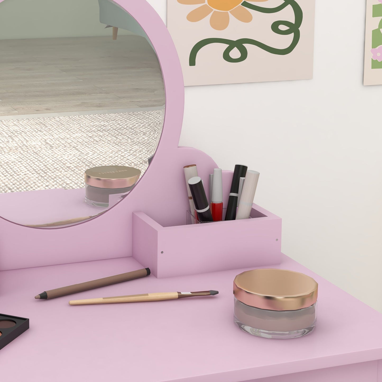 ZONEKIZ Kids Vanity Table with Mirror, Stool, Drawer, Storage Boxes, Cat Design, for Ages 3-6 Years - Pink