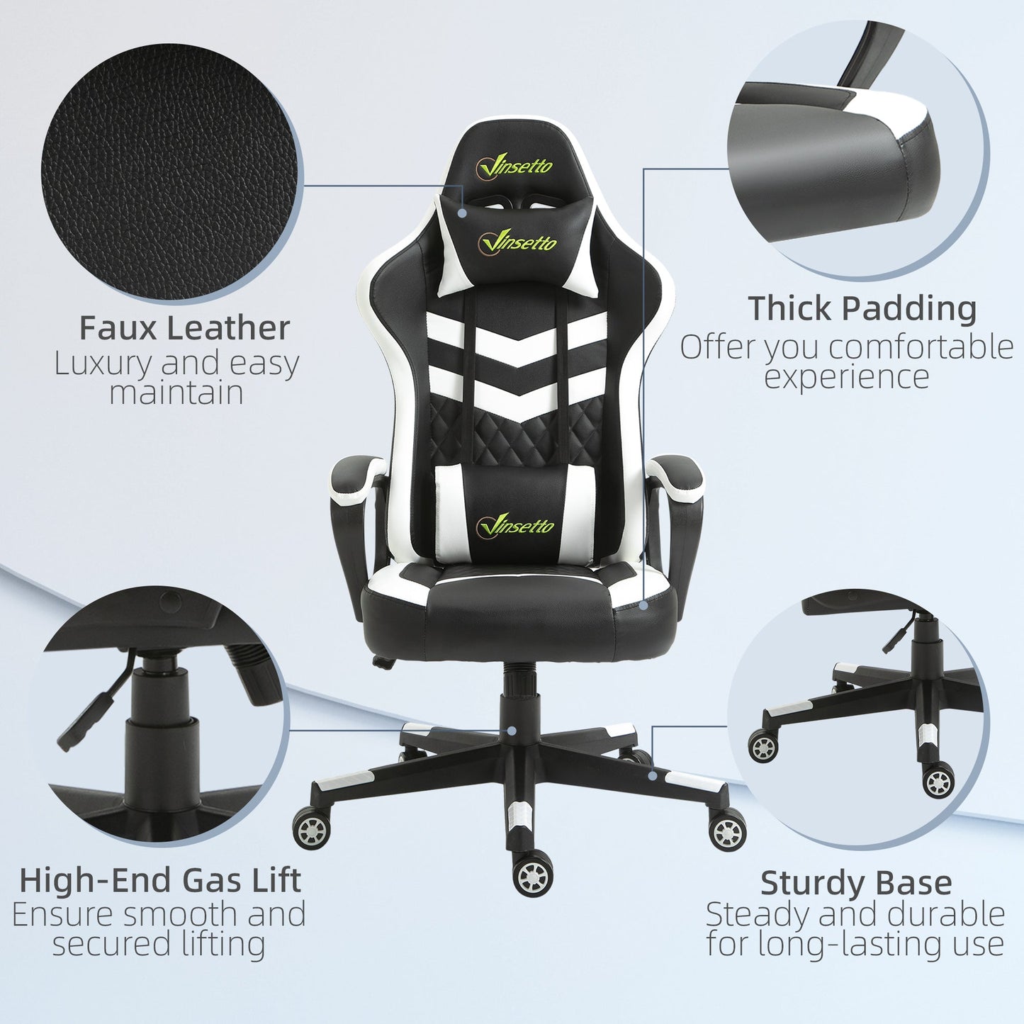 Vinsetto Gaming Chair, Computer Desk Chair with Lumbar Support, Faux Leather Racing Chair with Headrest and Swivel Wheels for Home Office, Black White