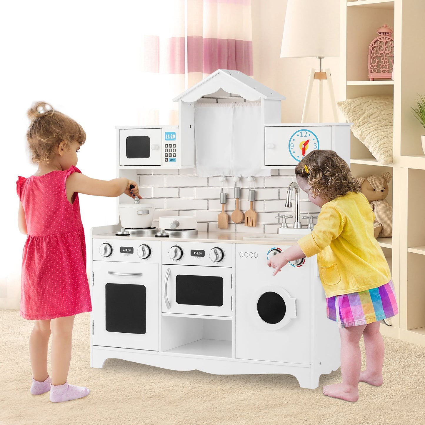 Wooden Pretend Kitchen Toys with Knobs and Open Shelf