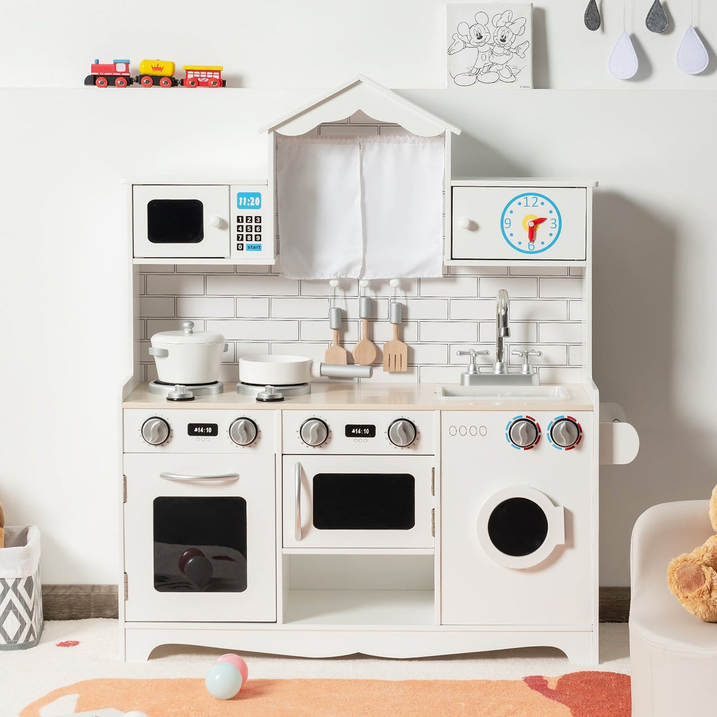 Wooden Pretend Kitchen Toys with Knobs and Open Shelf