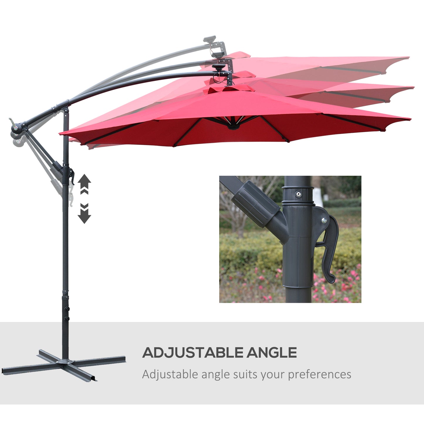 Outsunny Umbrella Parasol W/Solar Powered LED strips, √é¬¶2.95x2.45H m-Wine Red