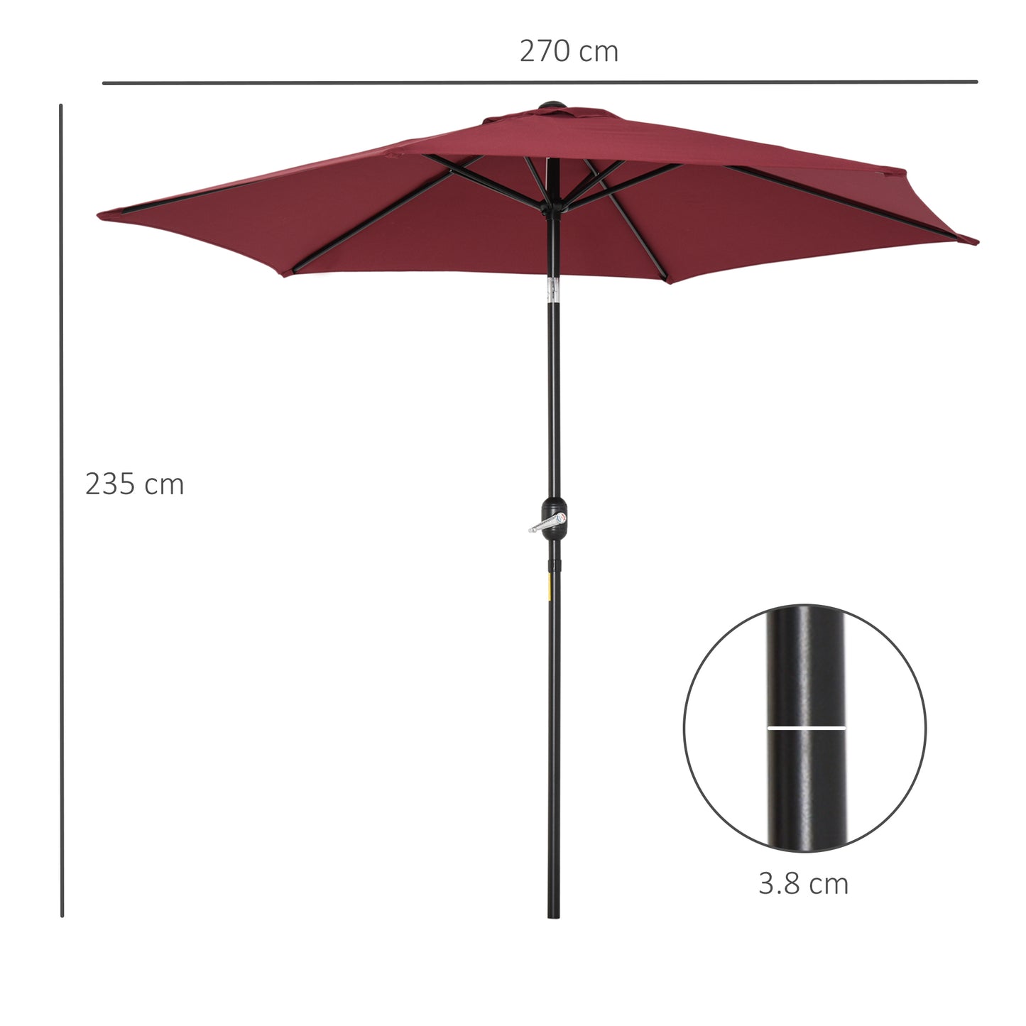 Outsunny 2.7M Garden Parasol Umbrella with Tilt and Crank, Outdoor Sun Parasol Sunshade Shelter with Aluminium Frame, Wine Red