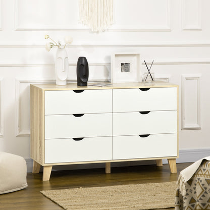 HOMCOM Bedroom Chest of Drawers, Wide 6-Drawer Dresser, Storage Drawer Unit with Wood Legs for Living Room, White and Light Brown