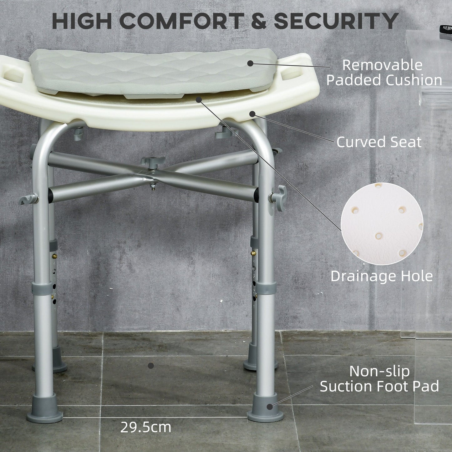 HOMCOM Aluminium Shower Stool for Elderly, Height Adjustable Shower Seat with Removable Padded Cushion, Shower Head Holder, Non-Slip Bath Stool for Seniors, Disabled, Pregnant, White