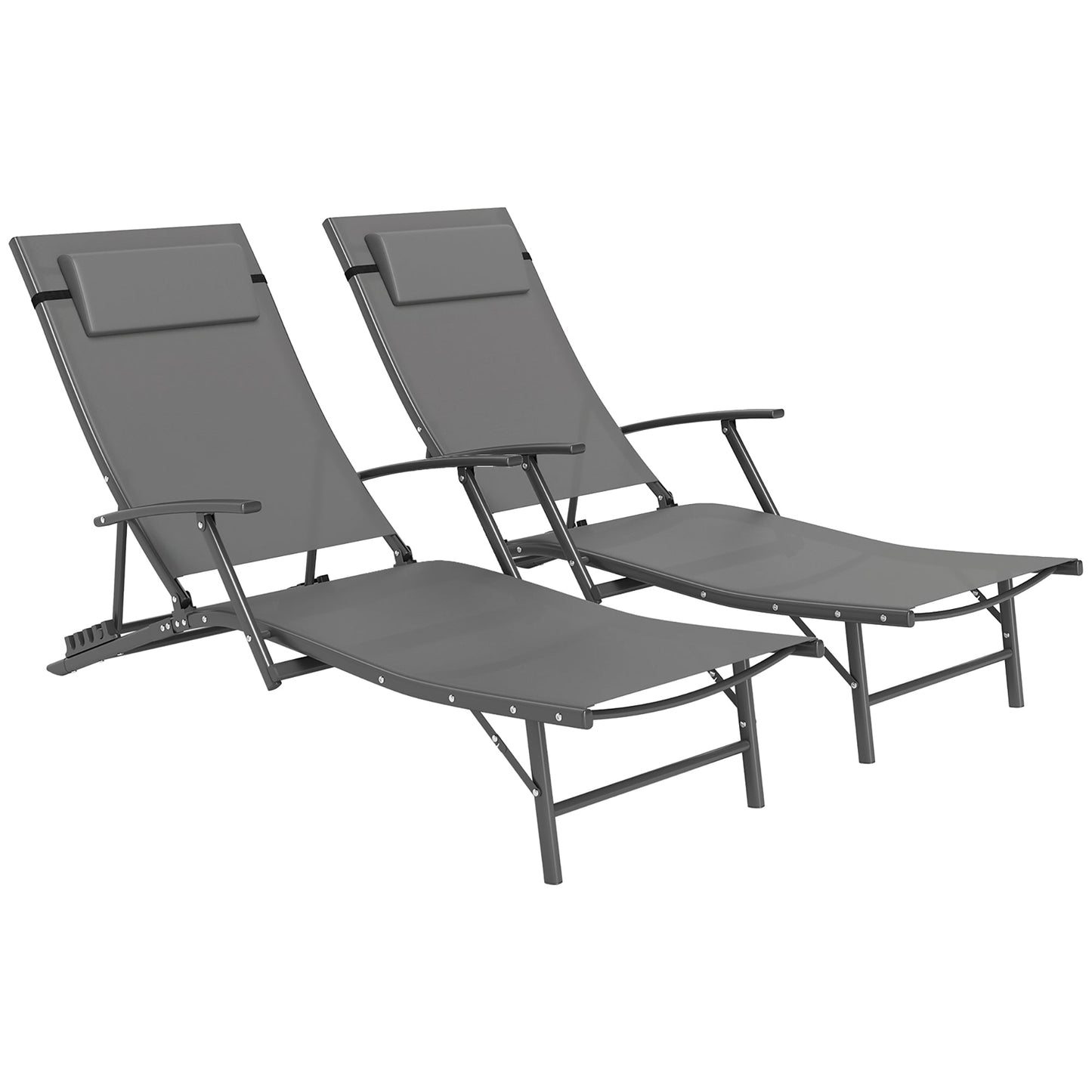 Outsunny Set of 2 Folding Sun Loungers for Garden, 4 Positions Adjustable Outdoor Chaise Lounge Chairs with Armrests, Pillows, Steel Frame, Sunbed Recliners for Patio, Beach and Poolside, Grey