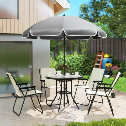 Outsunny 4 Seater Garden Furniture Set, 6 Pieces Garden Table and Chairs with Parasol, Outdoor Garden Dining Set with Folding Chairs and Round Glass Top Table for Patio, Cream White