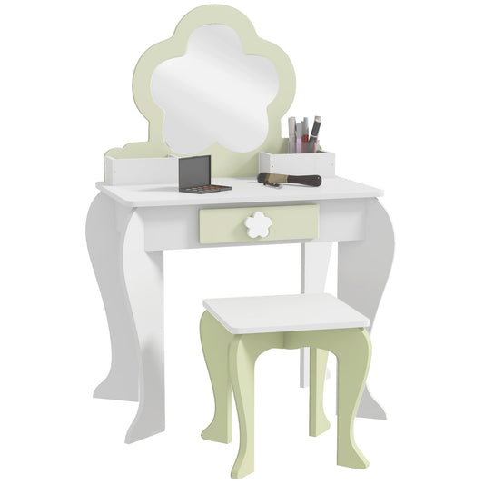 ZONEKIZ Kids Vanity Table with Mirror and Stool, Drawer, Storage Boxes, Flower Design, for Ages 3-6 Years - White