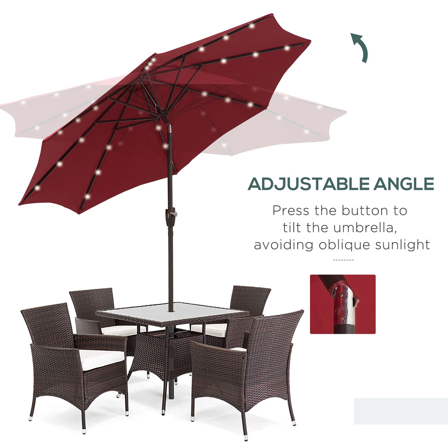 Outsunny √é¬¶2.7m Garden 24 LED Light Parasol Solar Outdoor Tilt Sun Umbrella Patio Club Party Event Manual Sun Shade w/ Hand Crank and 8 Ribs, Red