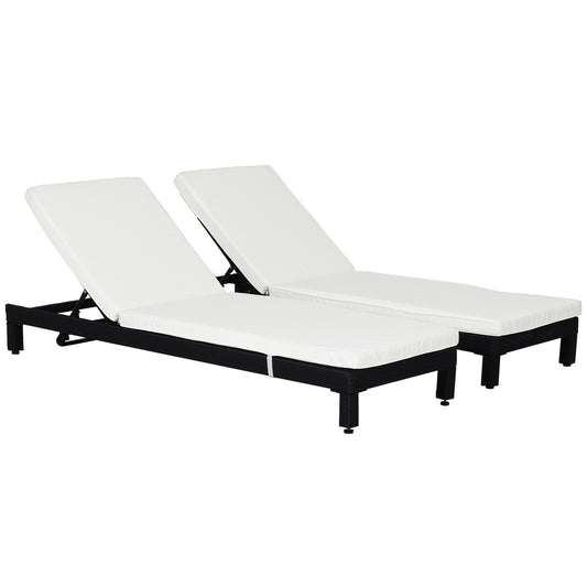 Outsunny 2 Seater Rattan Sun Lounger Set, Steel Frame-Black/Cream White