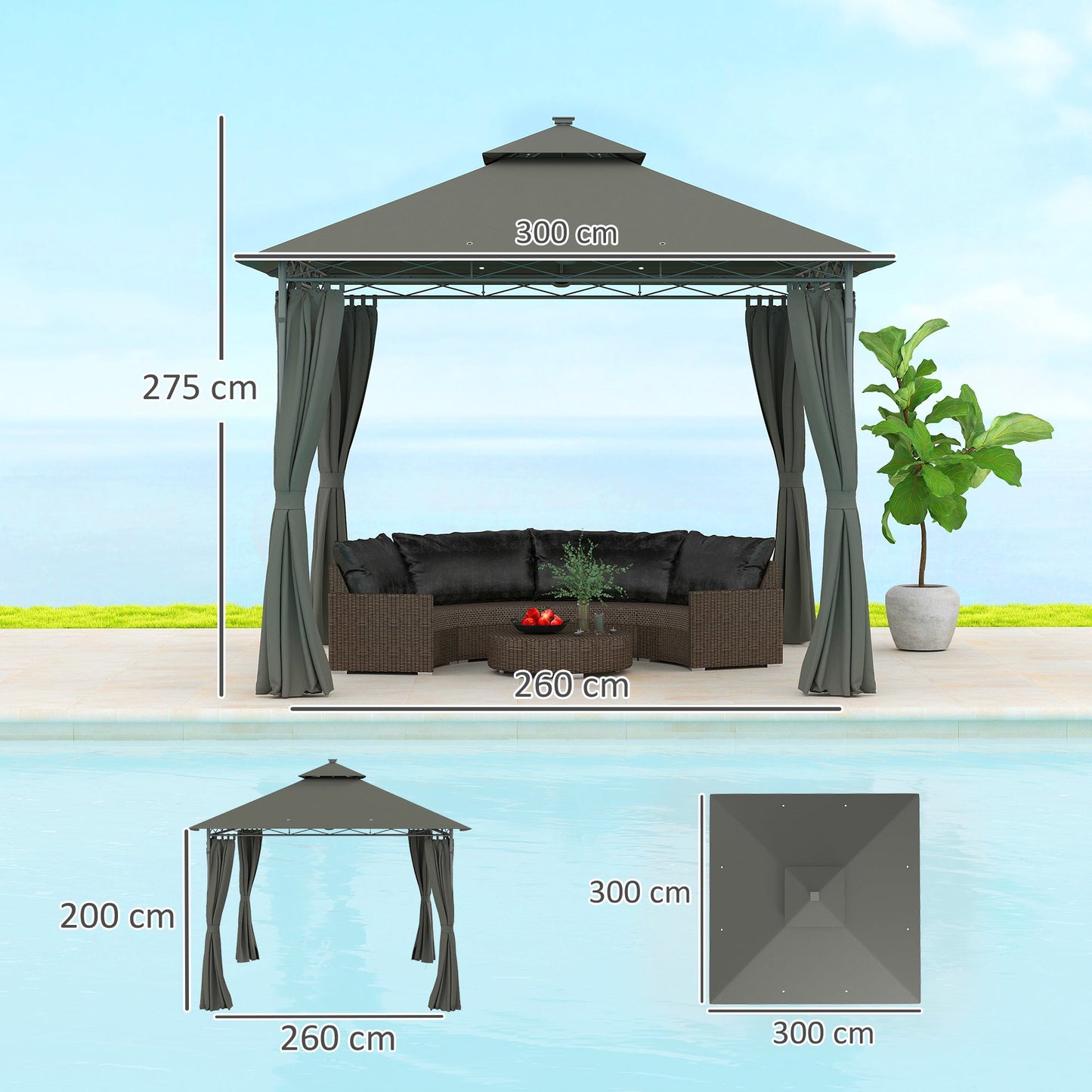 Outsunny 3 x 3 m Garden Gazebo, Double Roof Metal Gazebo with Curtains and Solar-Powered LED Lights, Outdoor Gazebo Canopy Shelter for Patio, Deck, Dark Grey