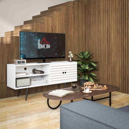 HOMCOM TV Stand with Cupboard, Open Shelves, Striped Doors, Wooden legs, White