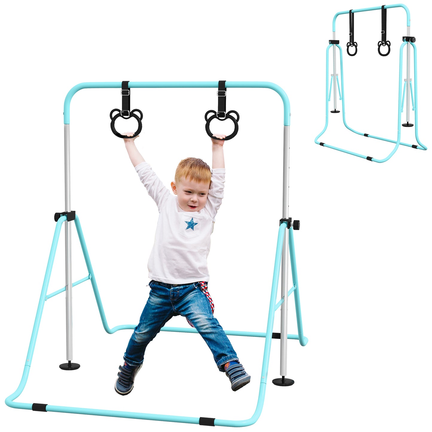 HOMCOM Adjustable Height, Foldable Kids Gymnastics Bar w/ Non-Slip Mats, for 3+ Years, Green