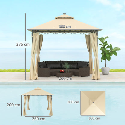 Outsunny 3 x 3 m Garden Gazebo, Double Roof Metal Gazebo with Curtains and Solar-Powered LED Lights, Outdoor Gazebo Canopy Shelter for Patio, Deck, Beige