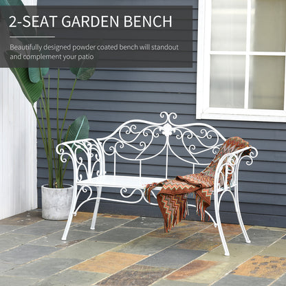 Outsunny 2 Seater Garden Bench, Antique Outdoor Double Seat Chair with Decorative Cast Iron Backrest for Backyard Porch, White