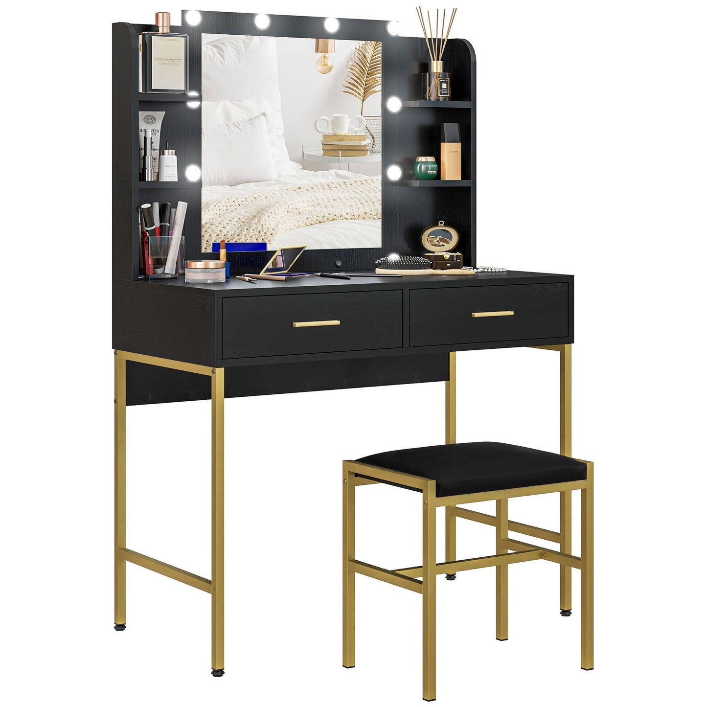 HOMCOM Dressing Table Set, with Storage and Stool - Black