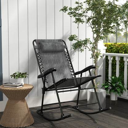 Outsunny Garden Rocking Chair Folding Outdoor Adjustable Rocker Zero-Gravity Seat with Headrest Camping Fishing Patio Deck, 90 x 64 x 110 cm - Grey