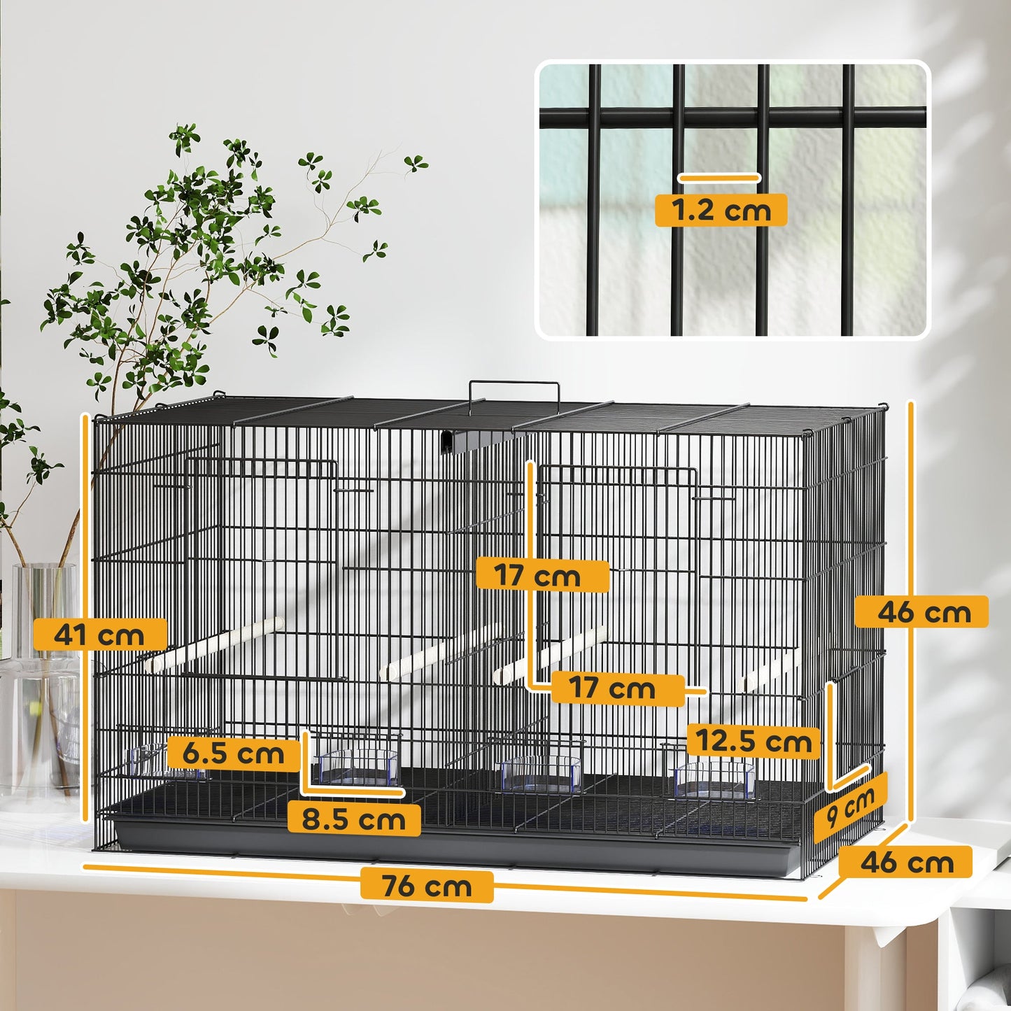 PawHut Bird Cage with Divider, 4 Wooden Perches, Slide Out Tray, 4 Feeders, for Budgie, Lovebird, Canary, 76 x 46 x 46cm, Black